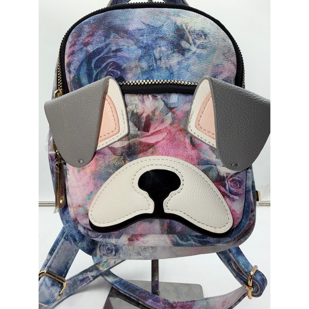 Betsey Johnson French Bulldog Floral Mini Backpack Blue Pink Rose Faux Leather - Picture 3 of 10